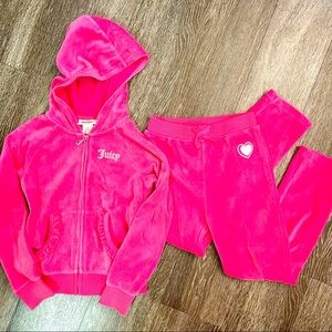 Juicy Couture Girls 2 Piece Velour Hoodie Jogger Set Hot Pink & Silver Size 6